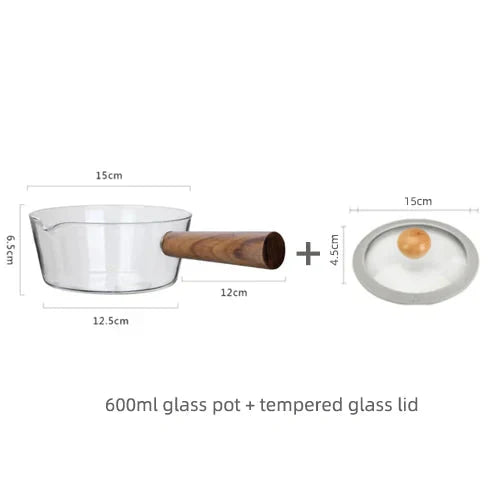 Glass Pot With Wooden Handle Transparent Household Kitchen Cookware