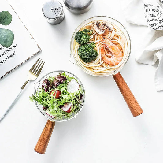 Glass Pot With Wooden Handle Transparent Household Kitchen Cookware