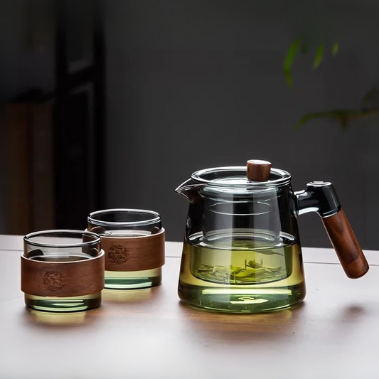 Glass Tea Kettle with Infuser Heat Resistant Teapot with Wooden Handle
