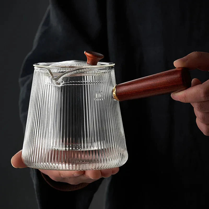 Glass Teapot with Removable Clear Infuser Sandal Wood Handle Glass Kettle
