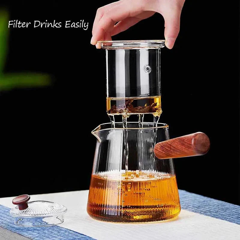 Glass Teapot with Removable Clear Infuser Sandal Wood Handle Glass Kettle