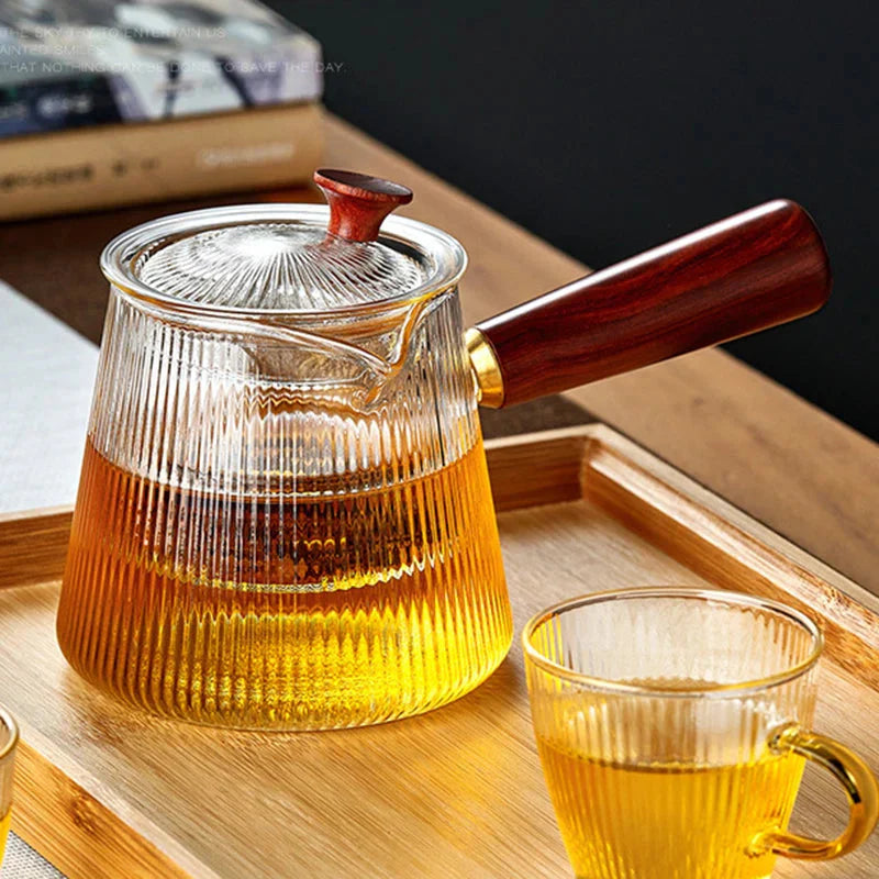 Glass Teapot with Removable Clear Infuser Sandal Wood Handle Glass Kettle