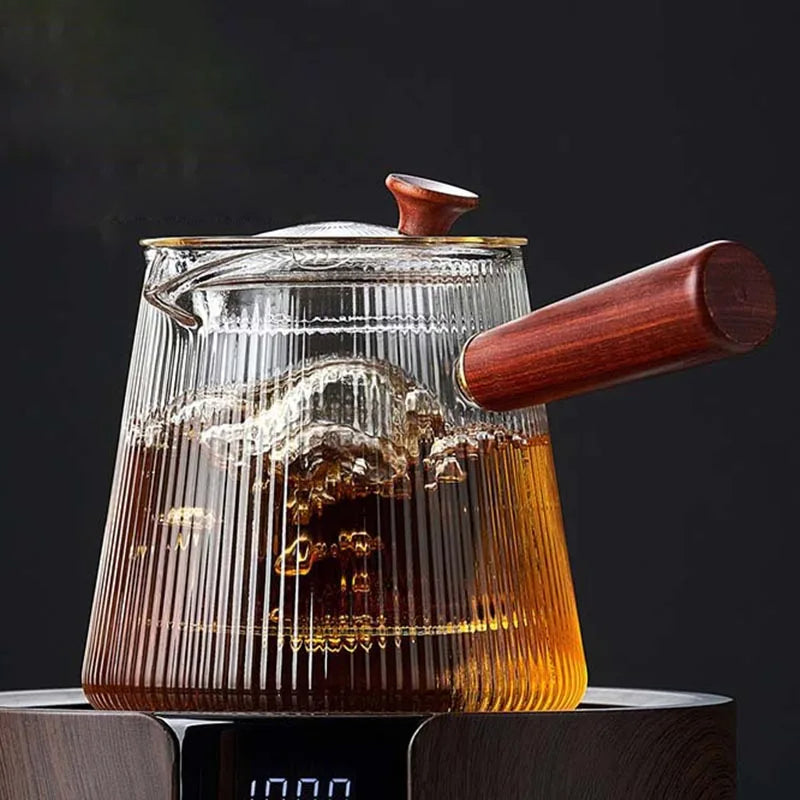 Glass Teapot with Removable Clear Infuser Sandal Wood Handle Glass Kettle