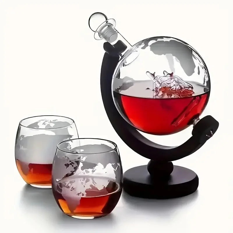Glass Whiskey Decanter Set with Wooden Stand Etched World Ball Design