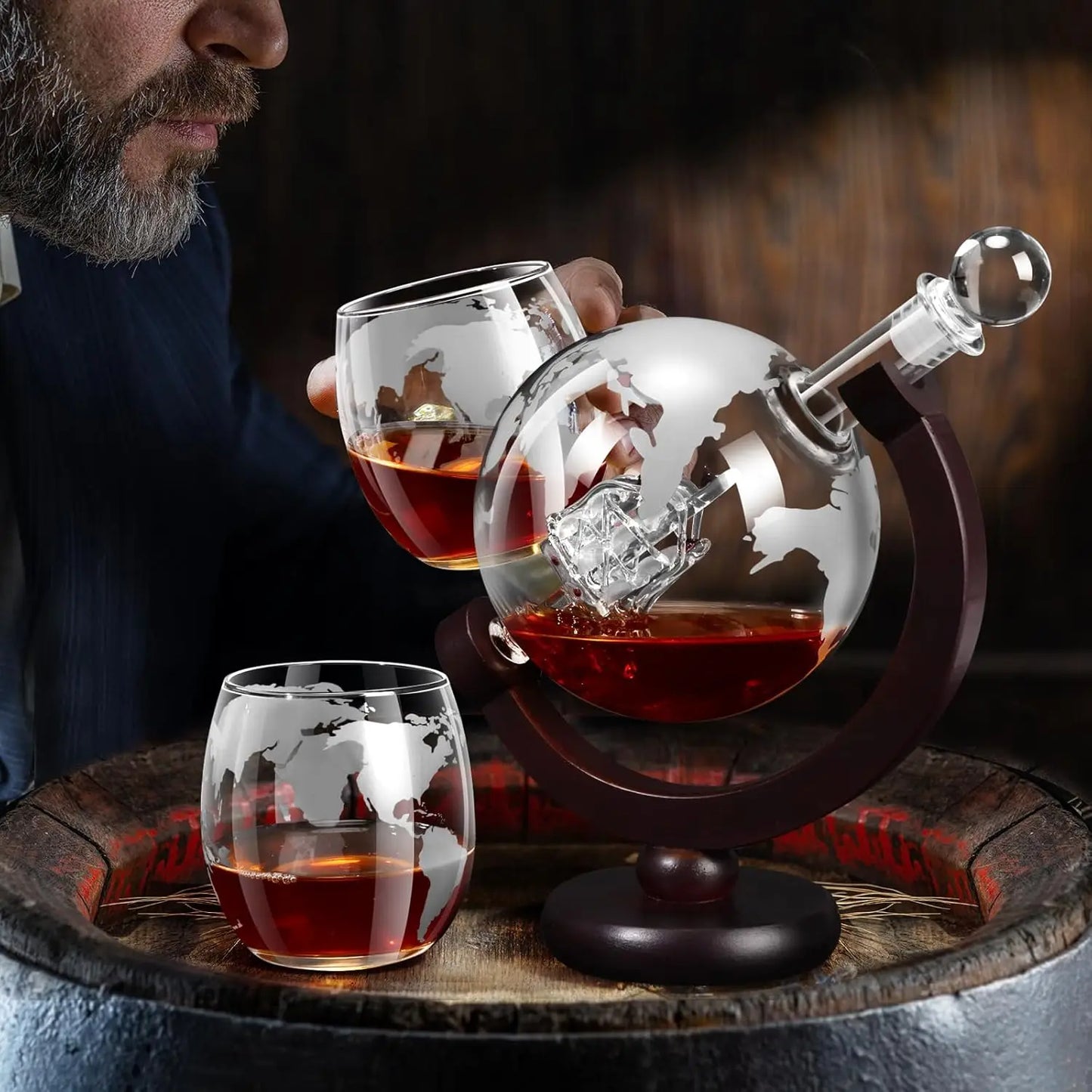 Glass Whiskey Decanter Set with Wooden Stand Etched World Ball Design