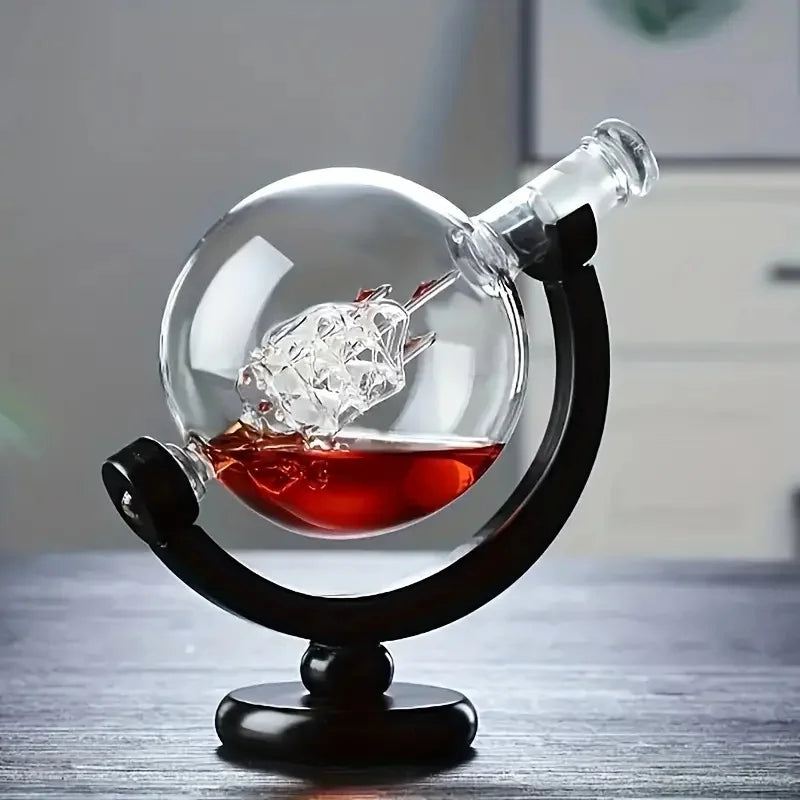 Glass Whiskey Decanter Set with Wooden Stand Etched World Ball Design