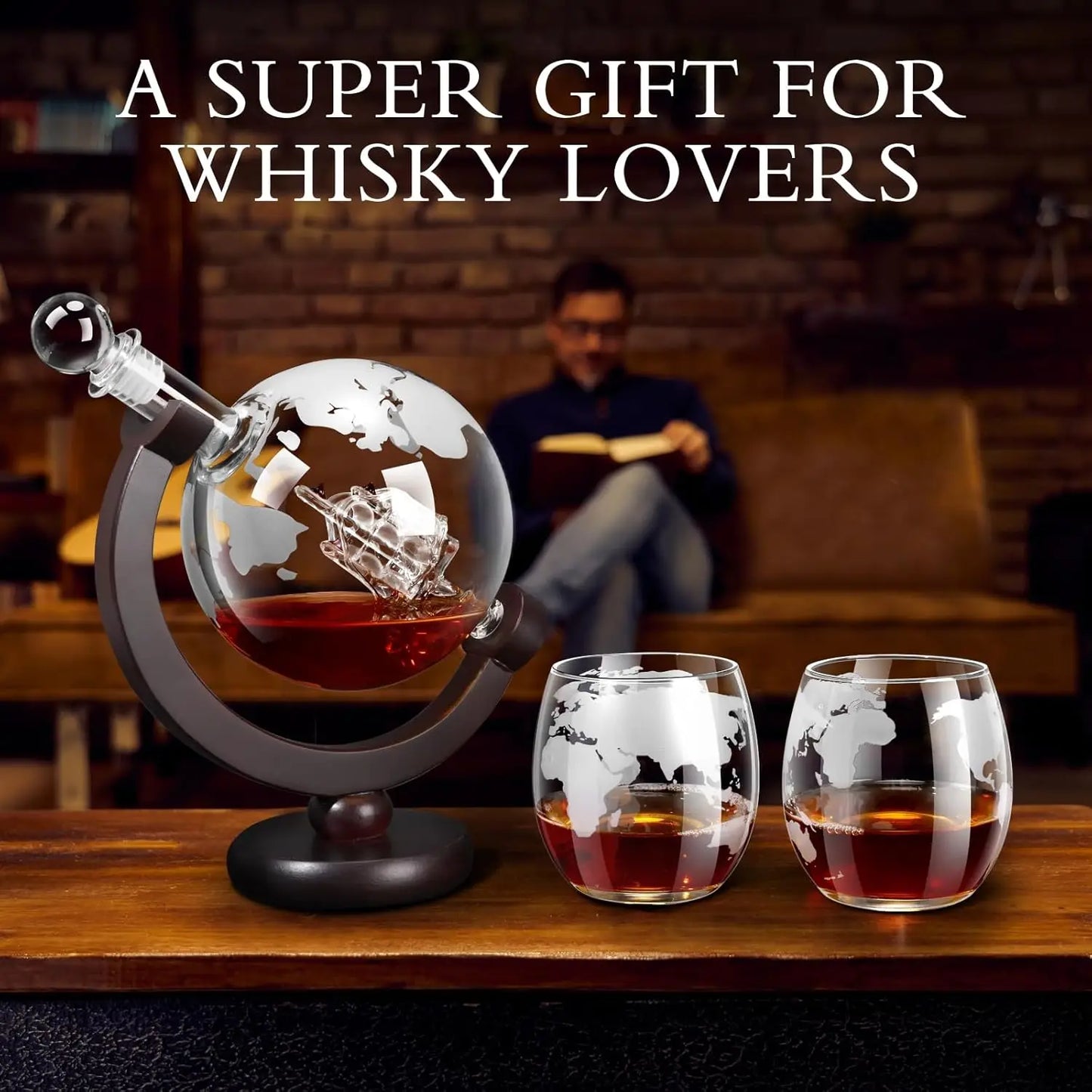 Glass Whiskey Decanter Set with Wooden Stand Etched World Ball Design