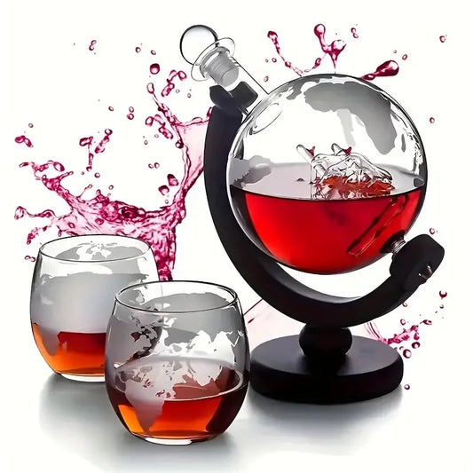 Glass Whiskey Decanter Set with Wooden Stand Etched World Ball Design