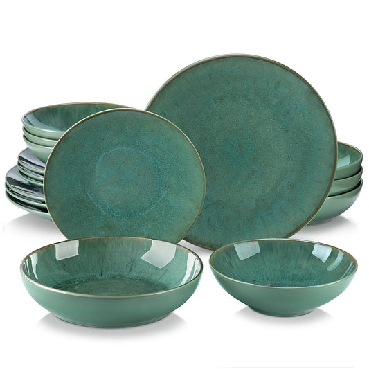 Green Embossed Stoneware Tableware Set Dinnerware for 4/8/12 People