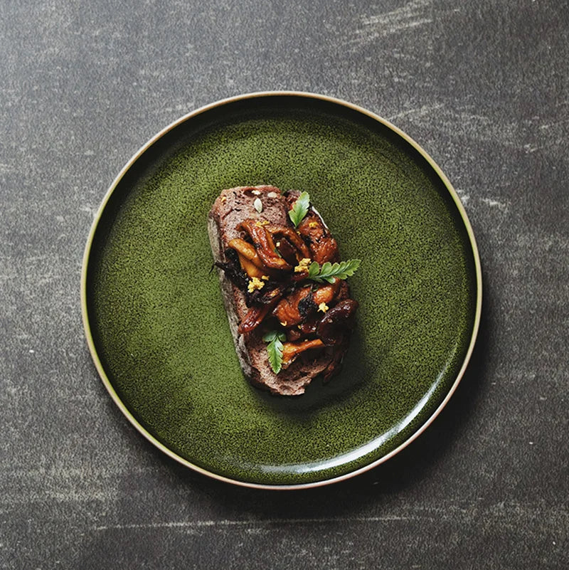 Green Retro Shallow Ceramic Dinner Plate Dessert Steak Dinnerware