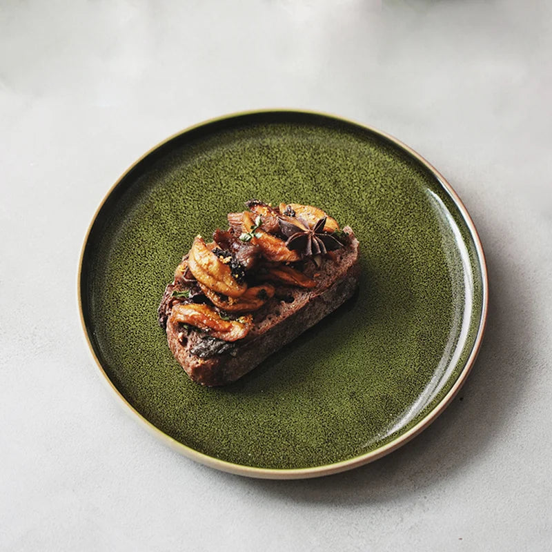 Green Retro Shallow Ceramic Dinner Plate Dessert Steak Dinnerware