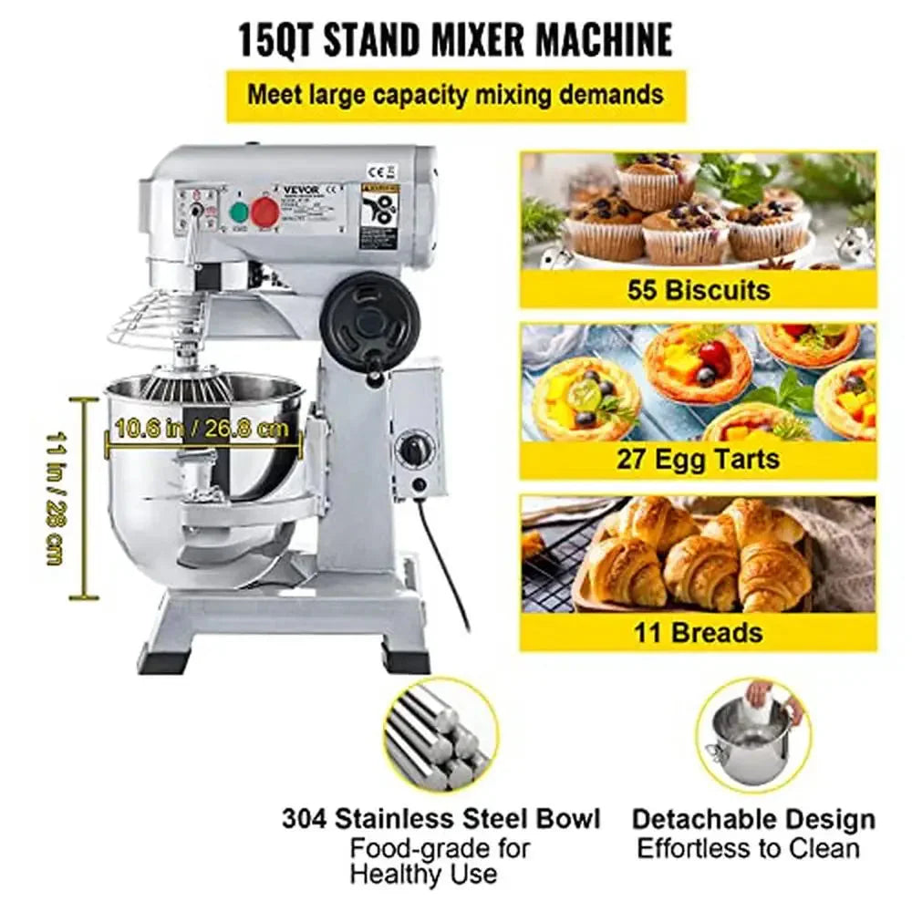 Heavy Duty 15Qt Stainless Steel Commercial Stand Mixer with 3 Speed