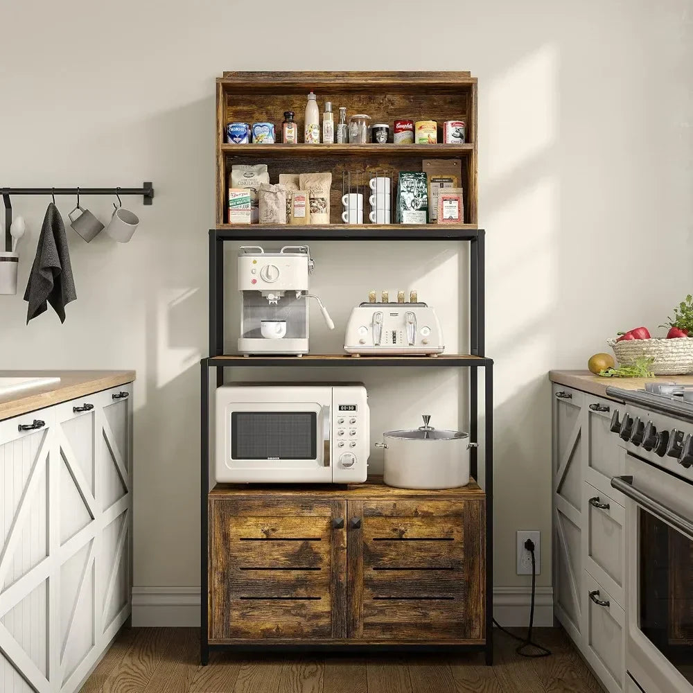 Industrial Microwave Stand Storage Kitchen Bakers Rack with Outlet