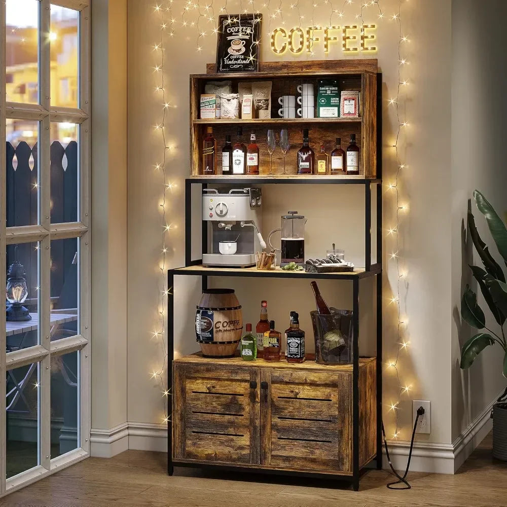 Industrial Microwave Stand Storage Kitchen Bakers Rack with Outlet