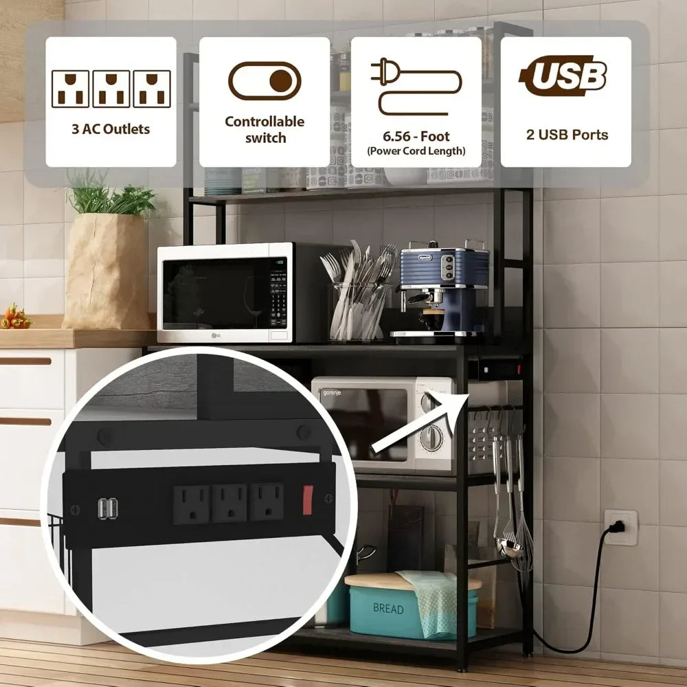 Kitchen Bakers Rack with Basket and Power Outlet Utility Storage Shelf