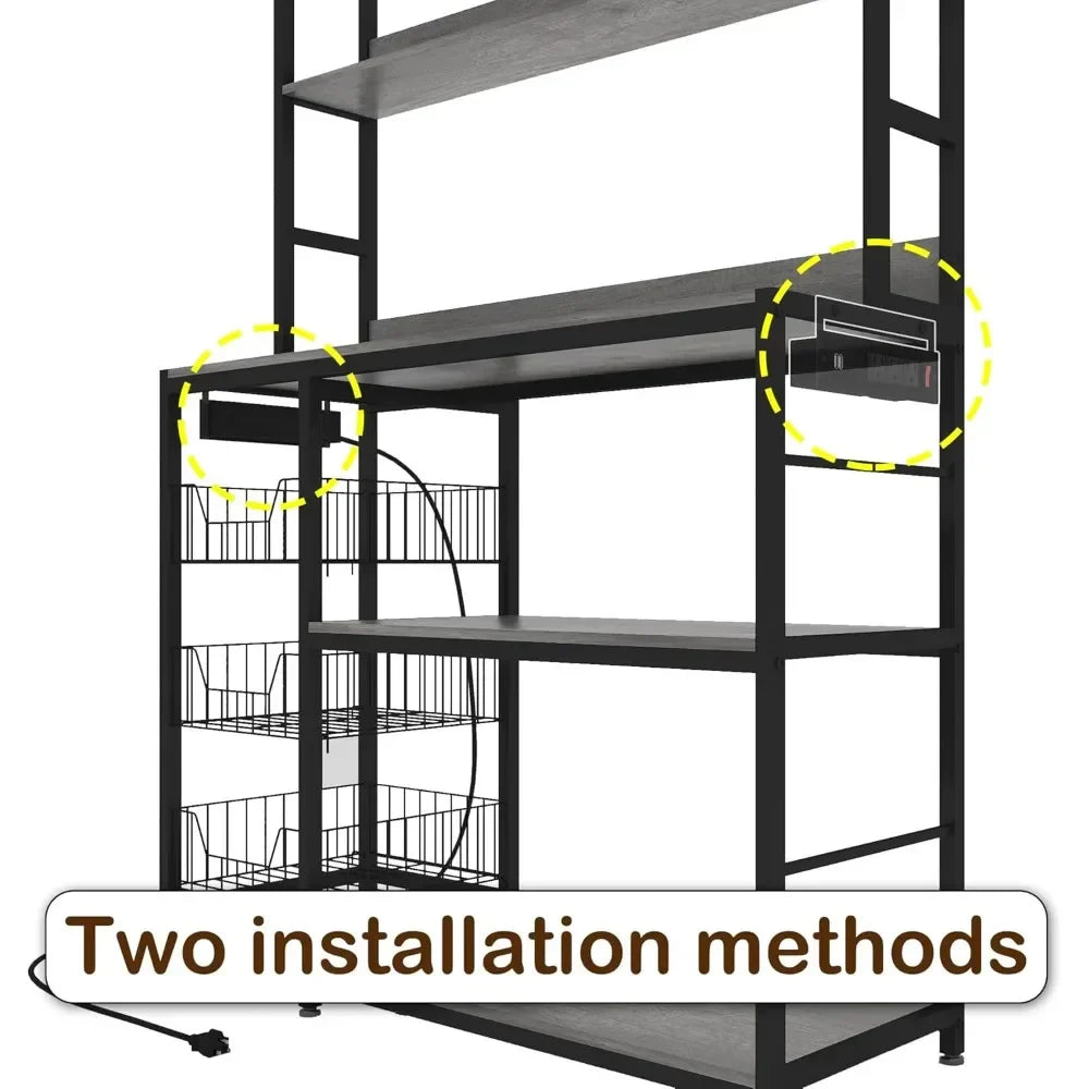 Kitchen Bakers Rack with Basket and Power Outlet Utility Storage Shelf