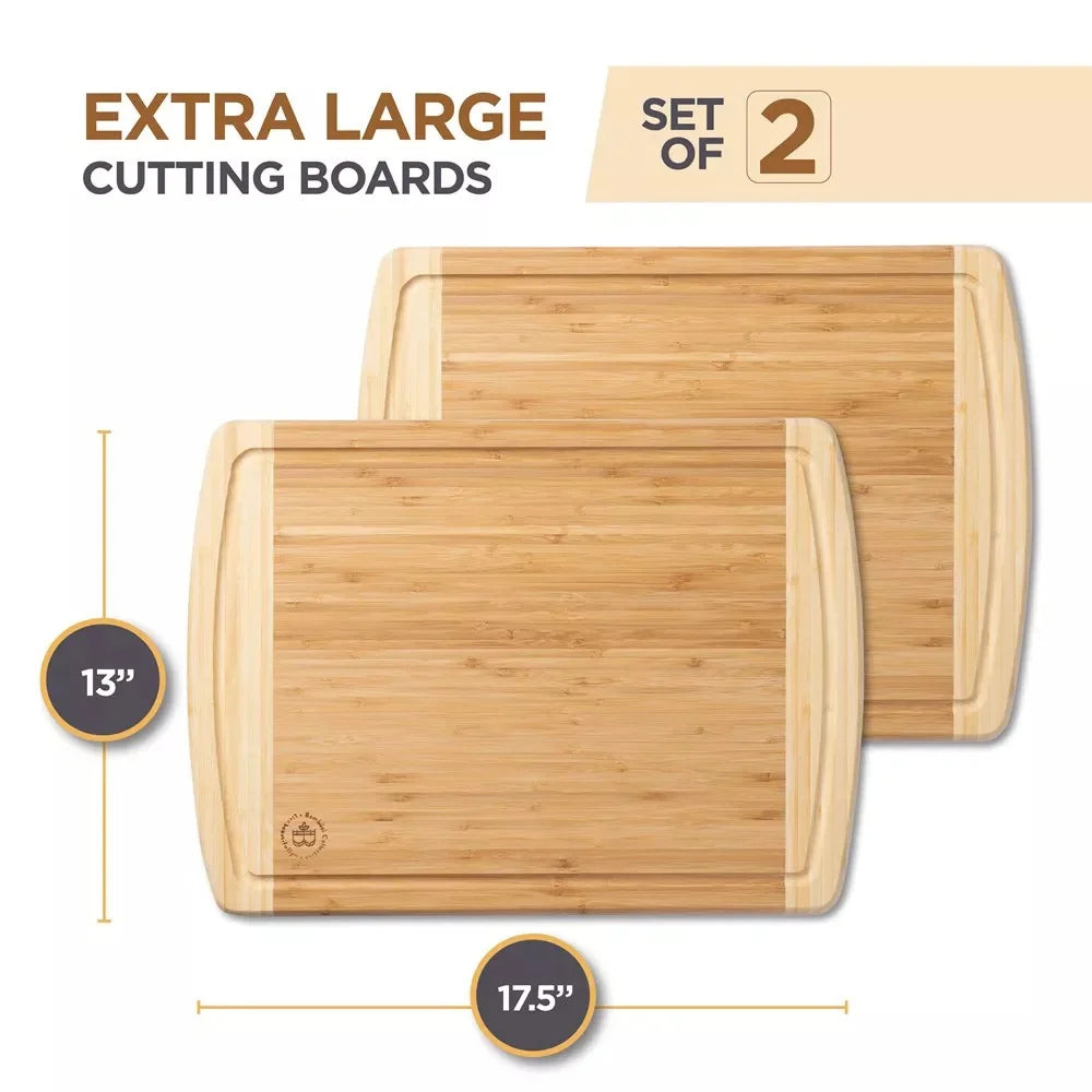 Large Bamboo Cutting Boards Set of 2 Non-Slip Kitchen Chopping Block