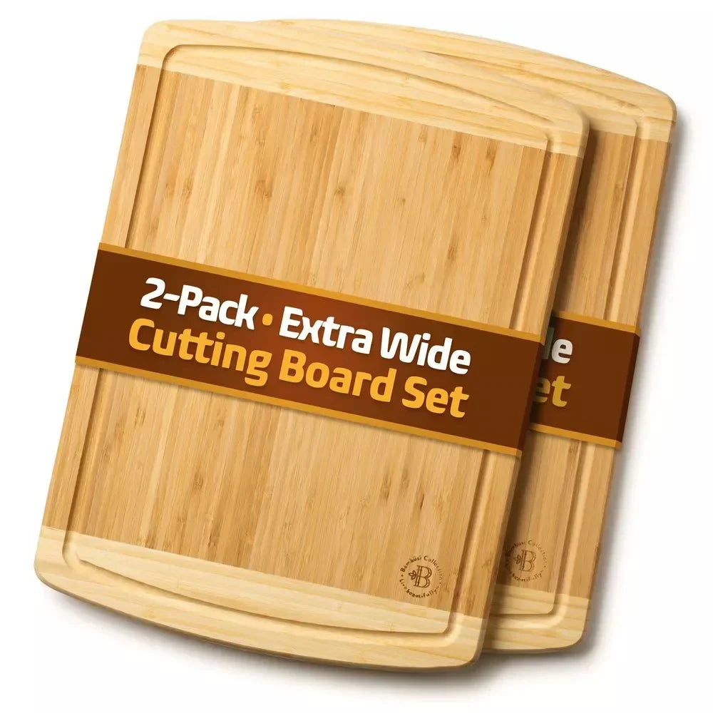 Large Bamboo Cutting Boards Set of 2 Non-Slip Kitchen Chopping Block