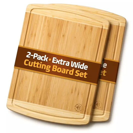 Large Bamboo Cutting Boards Set of 2 Non-Slip Kitchen Chopping Block
