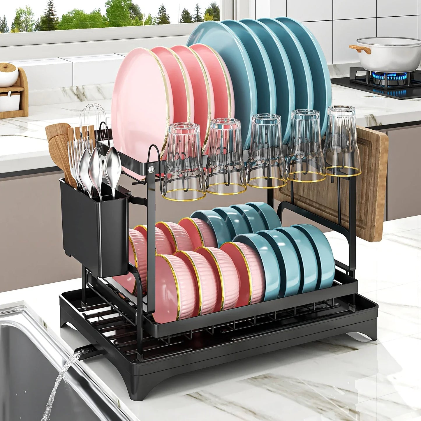 Metal Dish Drainer Rack with Utensil Holder and Dashboard Organizer