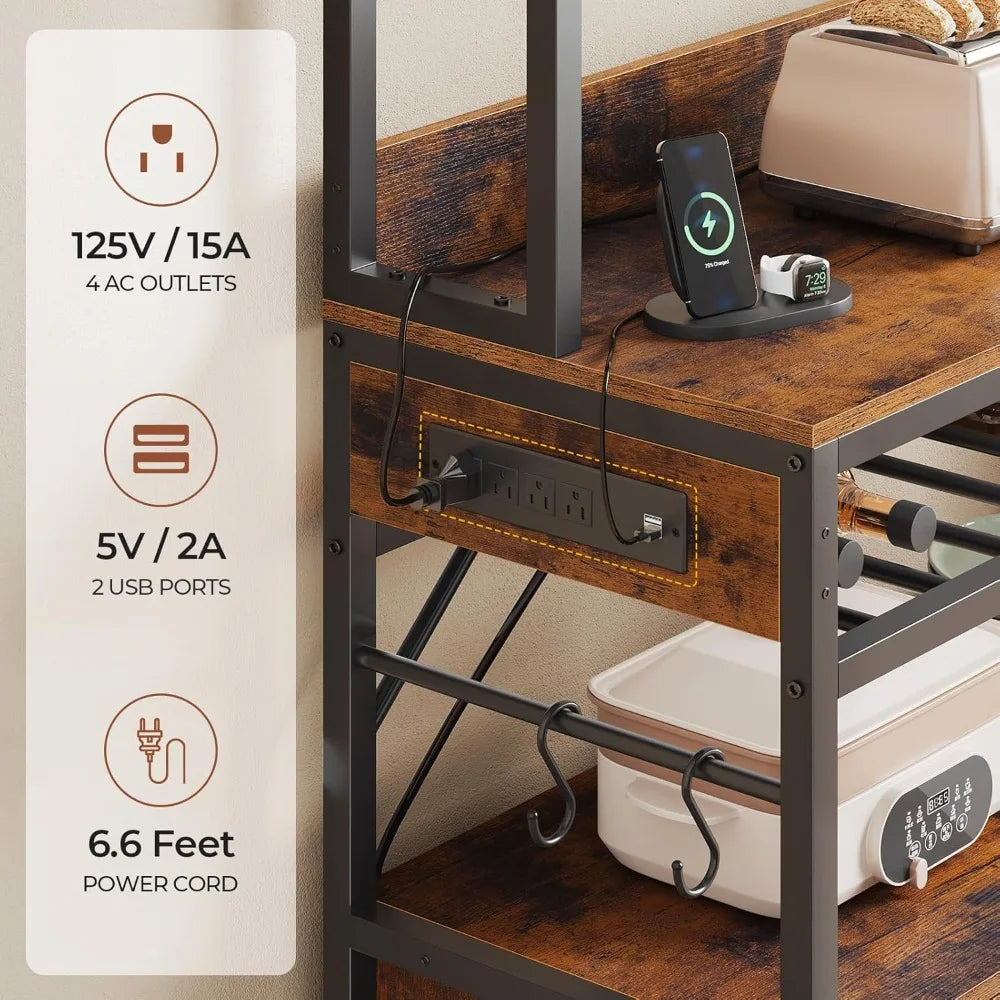 Microwave Stand Storage Shelves Kitchen Bakers Rack with Power Outlet