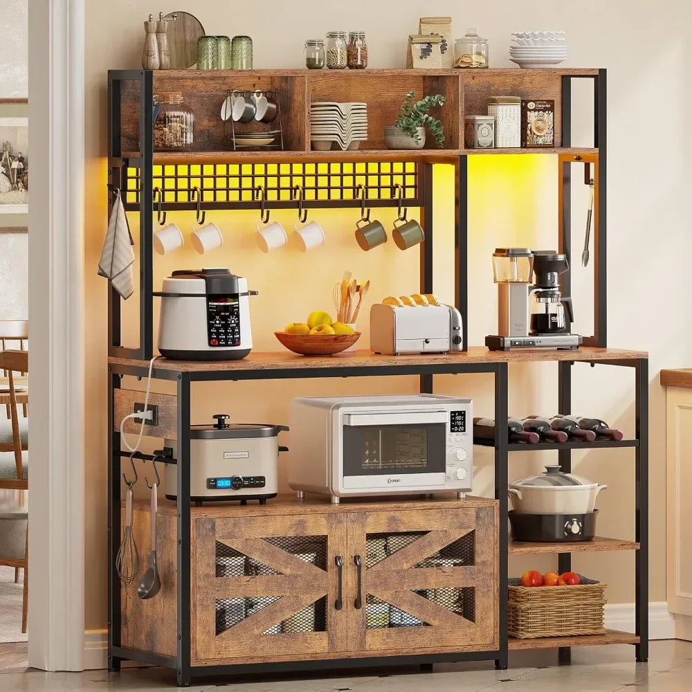 Microwave Stand with Storage Farmhouse Coffee Bar Cabinet Wine Rack