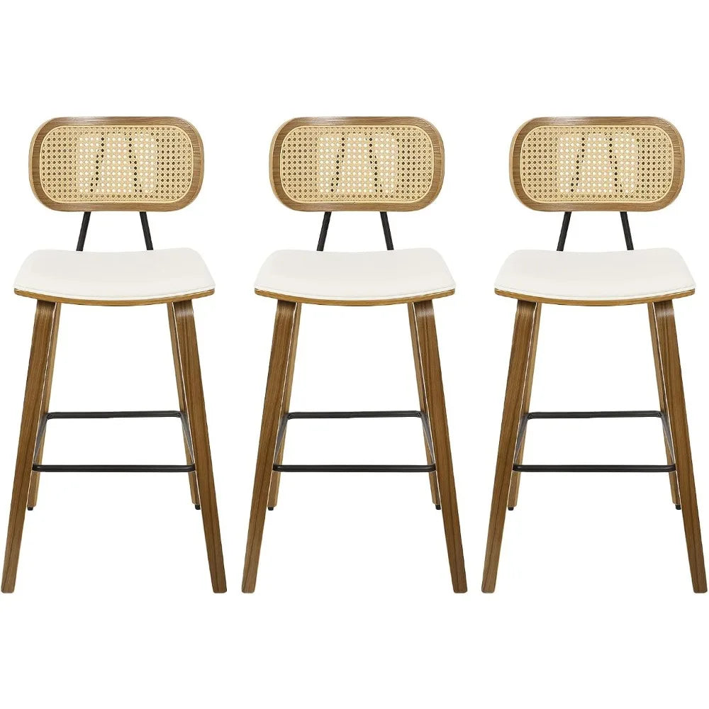 Mid Century Modern Counter Bar Stools Wood Leather Upholstered Set of 3