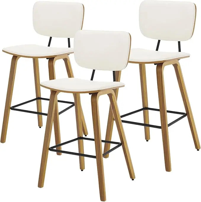 Mid Century Modern Counter Bar Stools Wood Leather Upholstered Set of 3