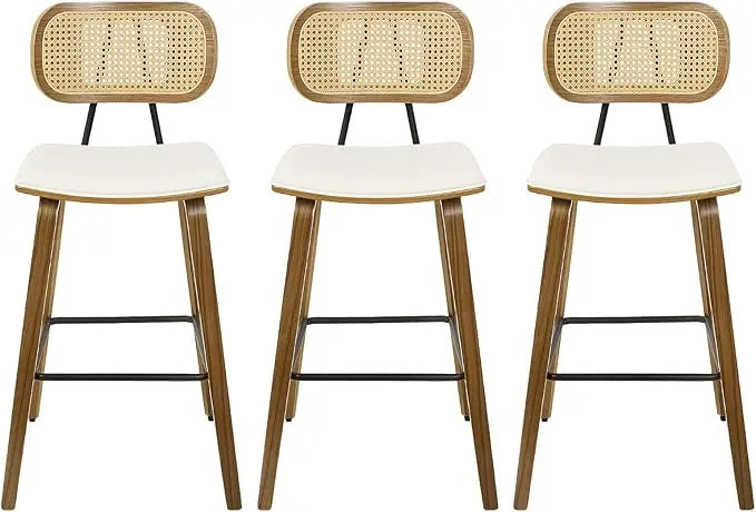 Mid Century Modern Counter Bar Stools Wood Leather Upholstered Set of 3
