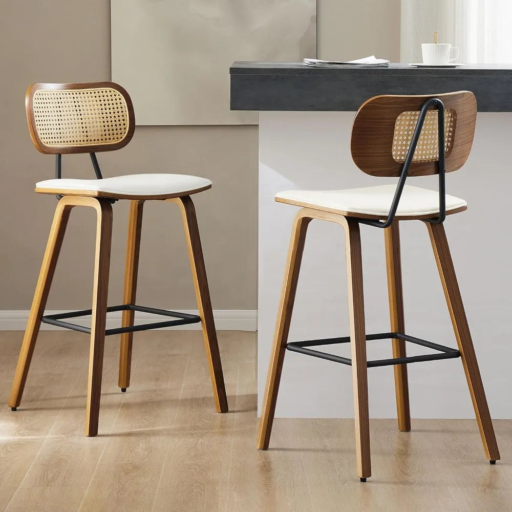 Mid Century Modern Counter Bar Stools Wood Leather Upholstered Set of 3