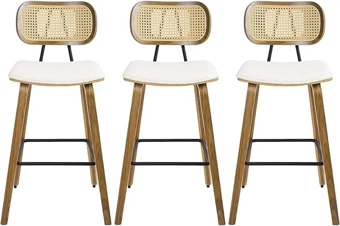 Mid Century Modern Counter Bar Stools Wood Leather Upholstered Set of 3
