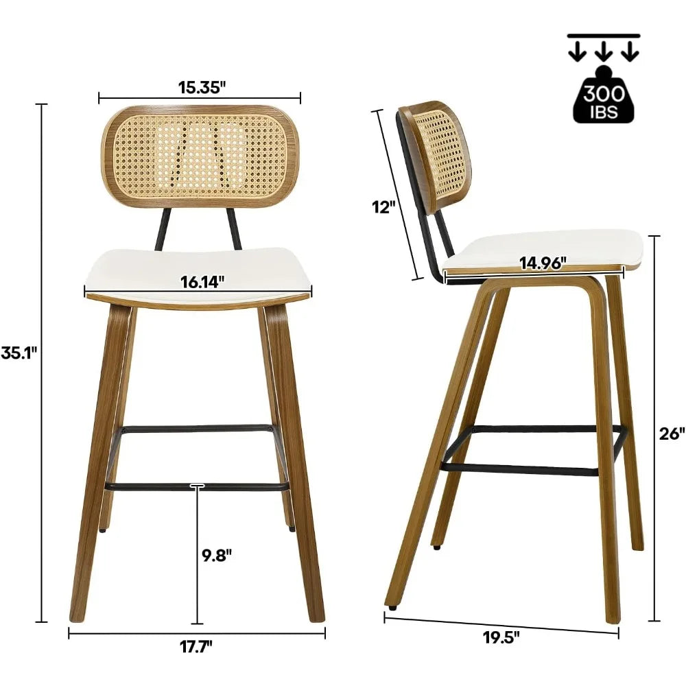 Mid Century Modern Counter Bar Stools Wood Leather Upholstered Set of 3