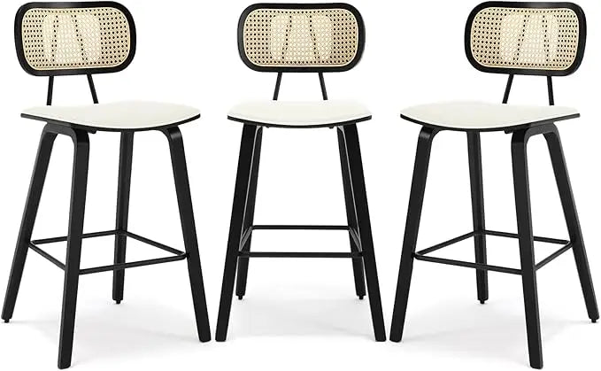 Mid Century Modern Counter Bar Stools Wood Leather Upholstered Set of 3