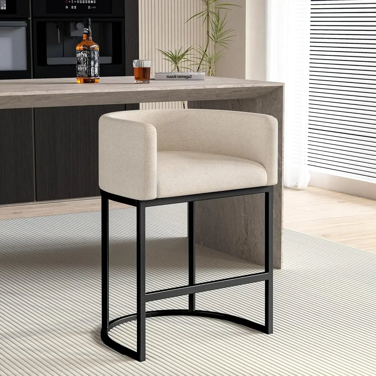 Modern Barrel Bar Stools with Backrest and Arms Faux Leather Accent