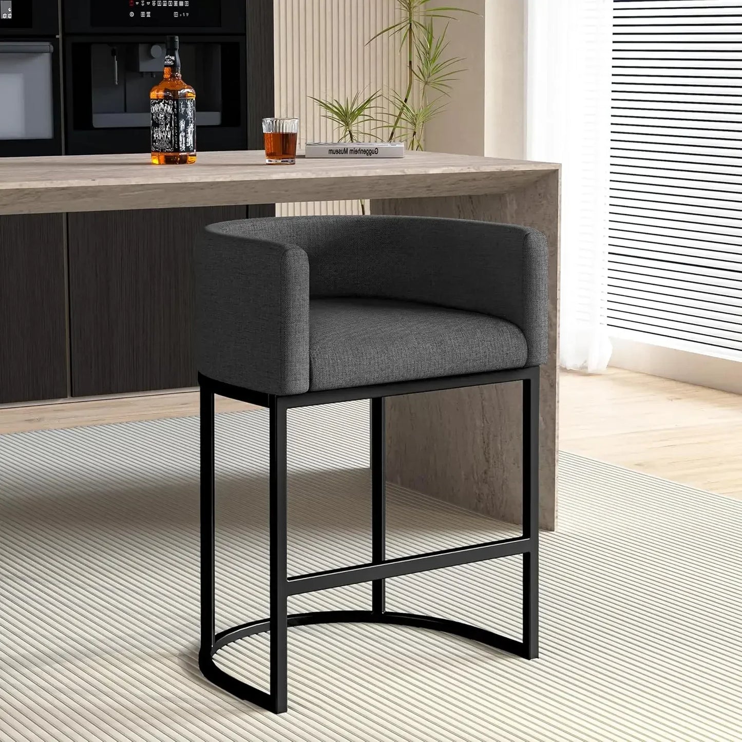 Modern Barrel Bar Stools with Backrest and Arms Faux Leather Accent