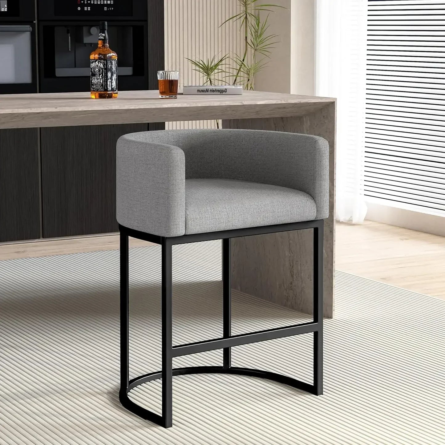 Modern Barrel Bar Stools with Backrest and Arms Faux Leather Accent