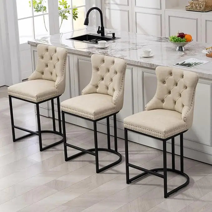 Modern Faux Leather Upholstery Counter Chair with Metal Legs Set of 3