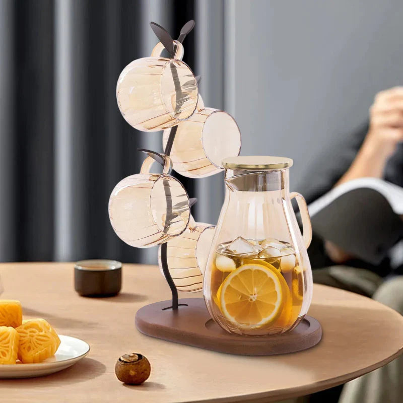 Modern Tabletop Borosilicate Glass Water Pitcher with 4 Cups Set