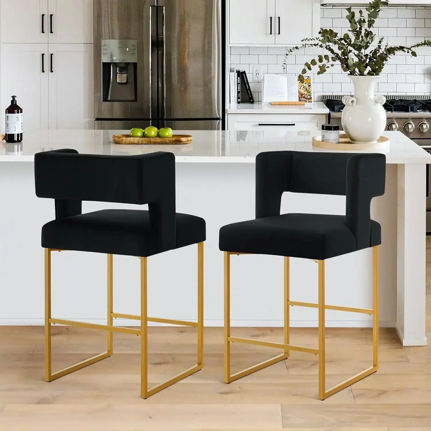 Modern Velvet Bar Stools with Square Open Backrest Gold Metal Frame