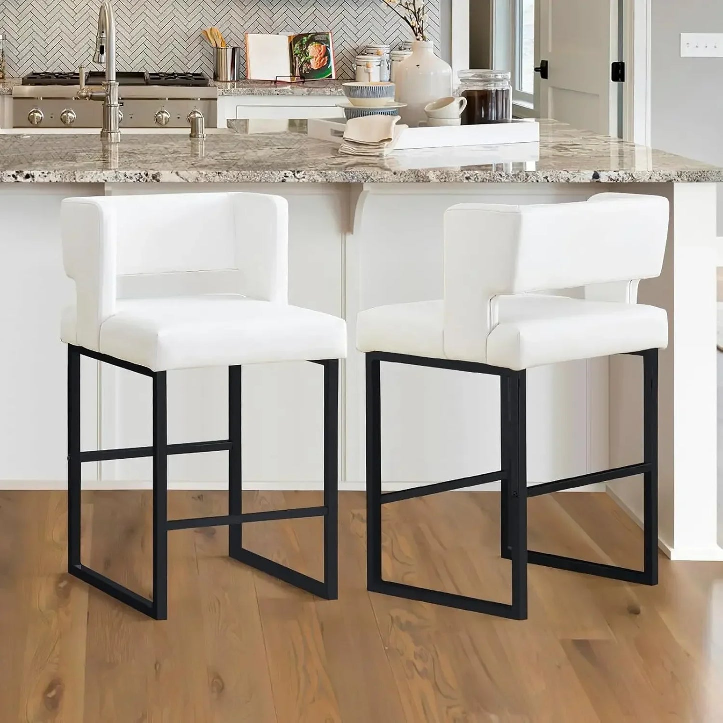 Modern Velvet Bar Stools with Square Open Backrest Gold Metal Frame