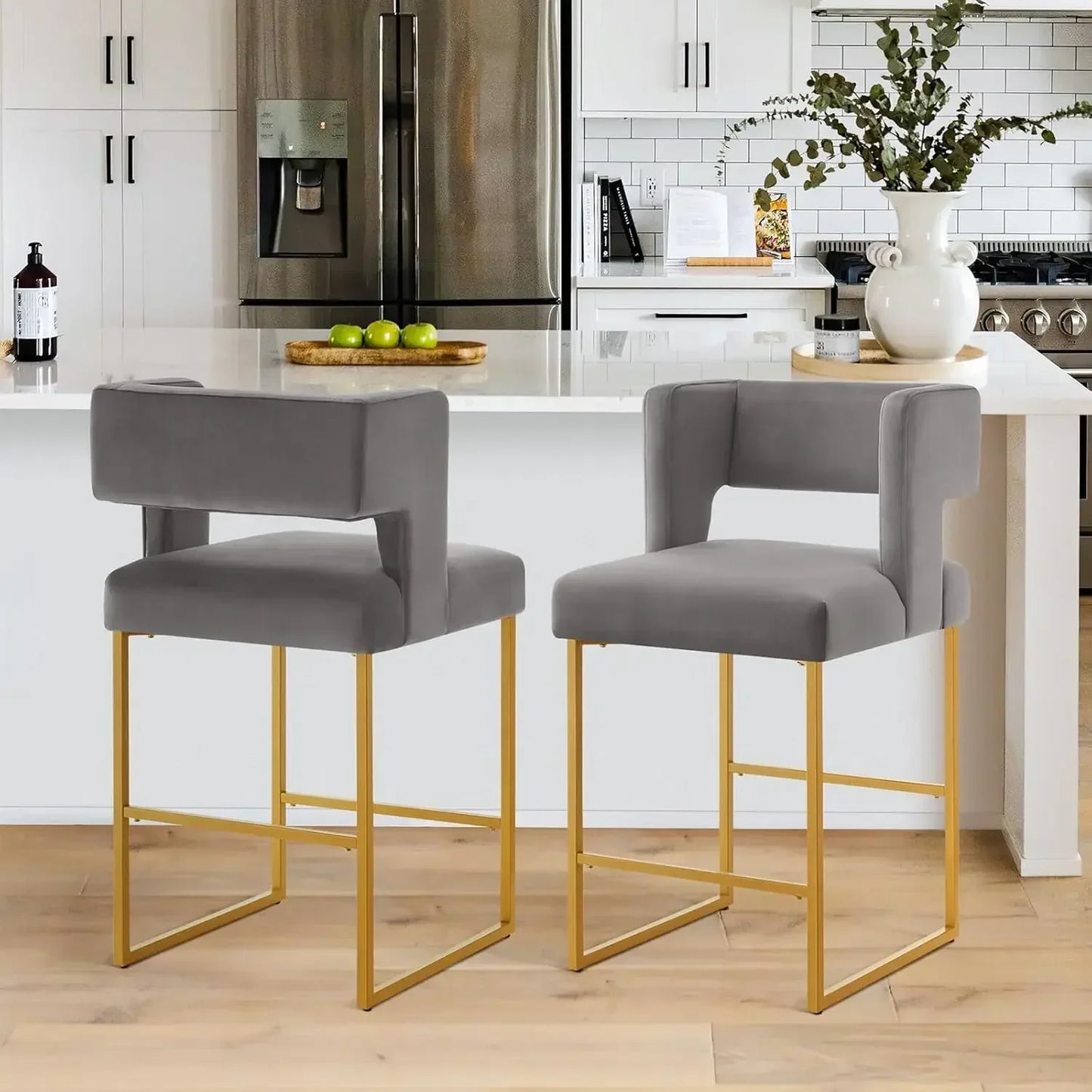 Modern Velvet Bar Stools with Square Open Backrest Gold Metal Frame