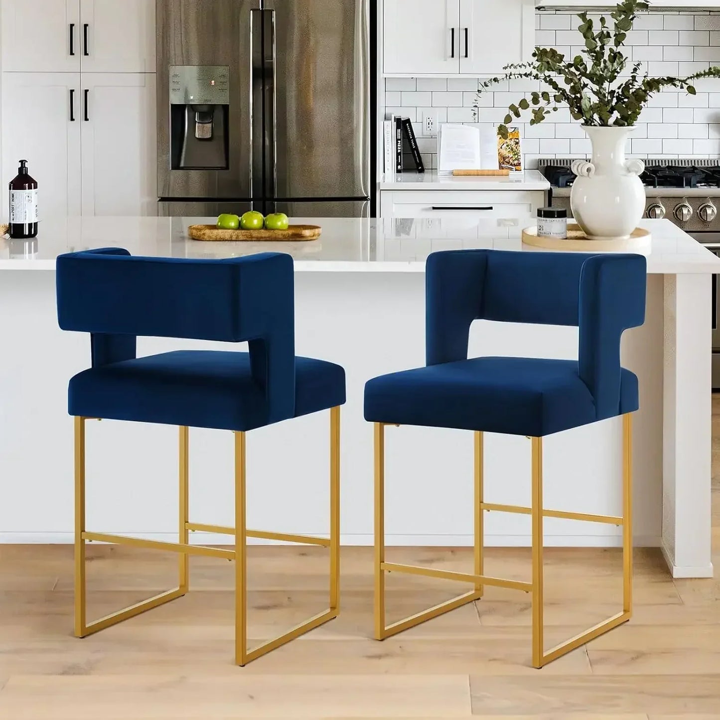 Modern Velvet Bar Stools with Square Open Backrest Gold Metal Frame