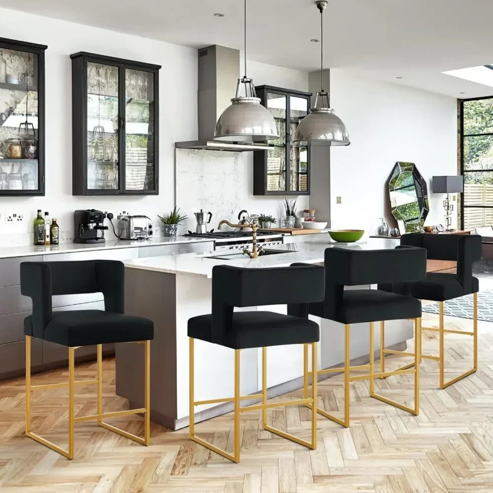 Modern Velvet Bar Stools with Square Open Backrest Gold Metal Frame