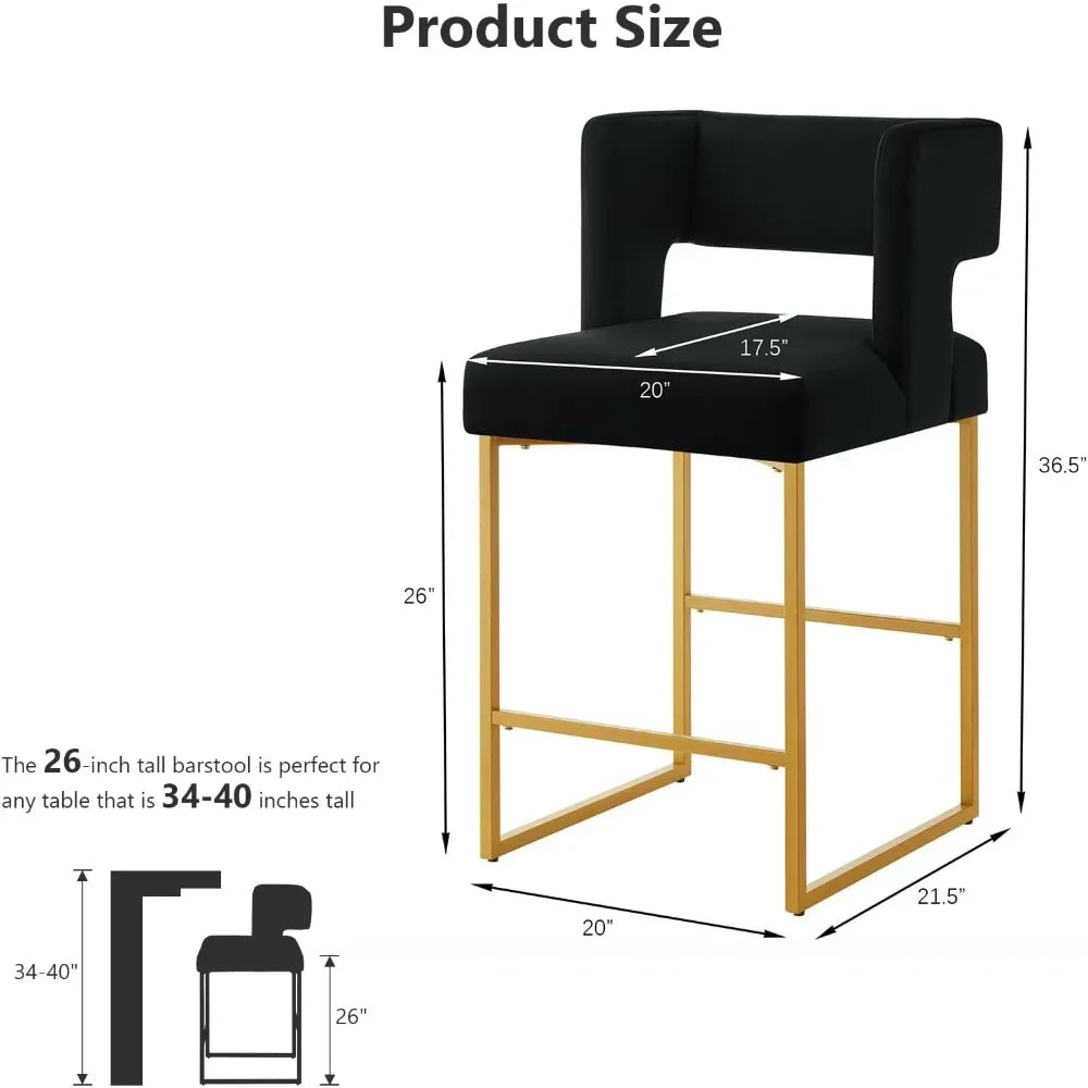 Modern Velvet Bar Stools with Square Open Backrest Gold Metal Frame
