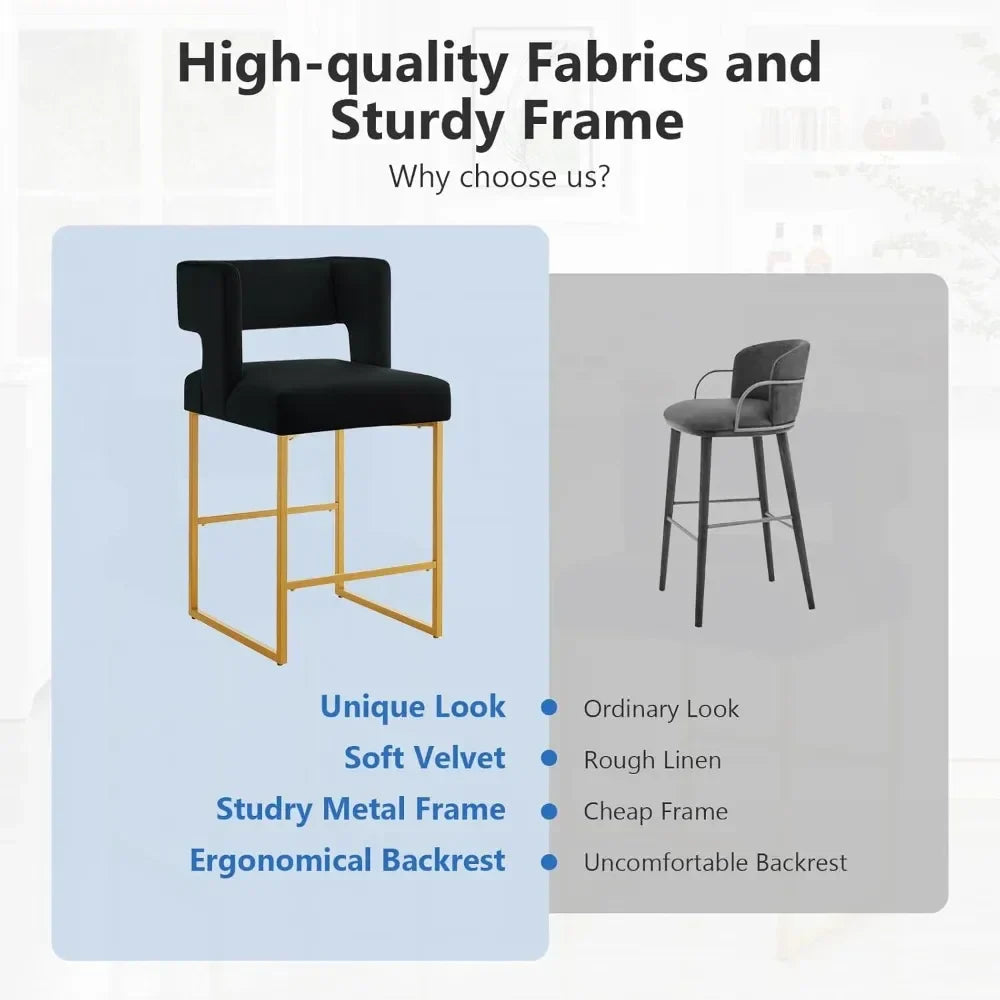 Modern Velvet Bar Stools with Square Open Backrest Gold Metal Frame