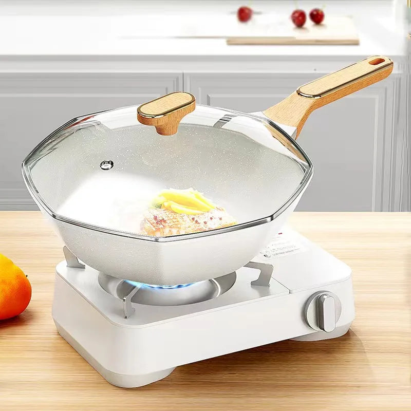 Non Stick Octagonal Wok Frying Pan with Lid Skillet Cook Pot