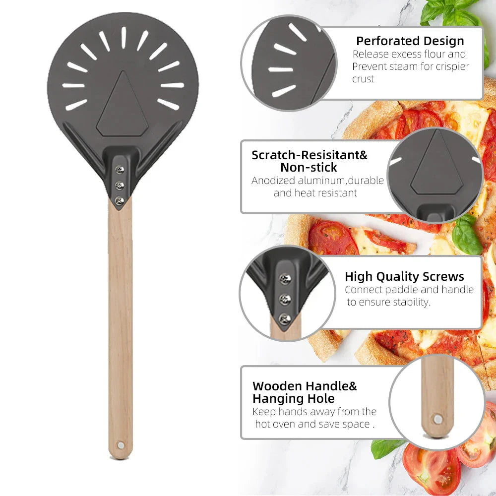 Pizza Shovel Turning Paddle Round Pizza Tool Wooden Handle Nonstick