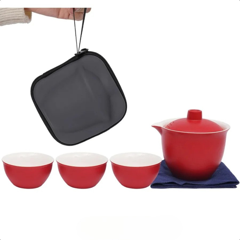 Portable Ceramic Teapot and Cups Set For Travel Red Tea Set