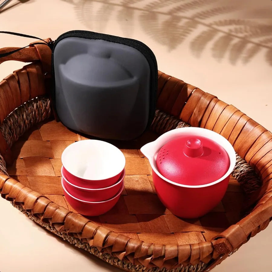 Portable Ceramic Teapot and Cups Set For Travel Red Tea Set