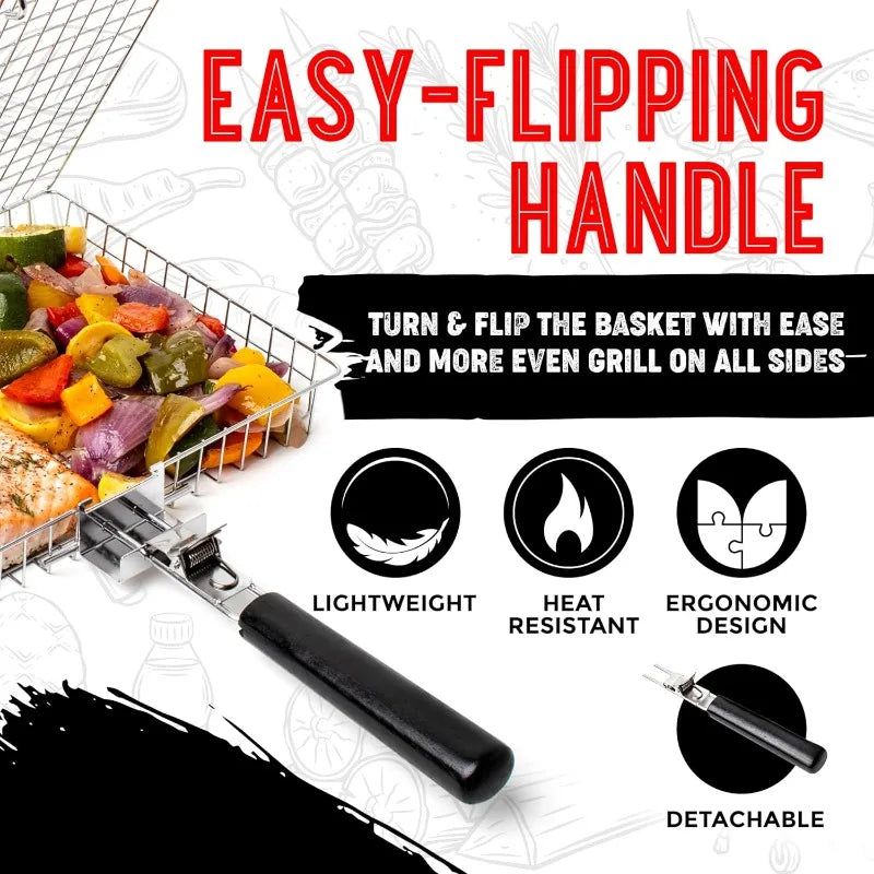 Portable Folding BBQ Grill Basket With Handle Cook Accessories Outdoor